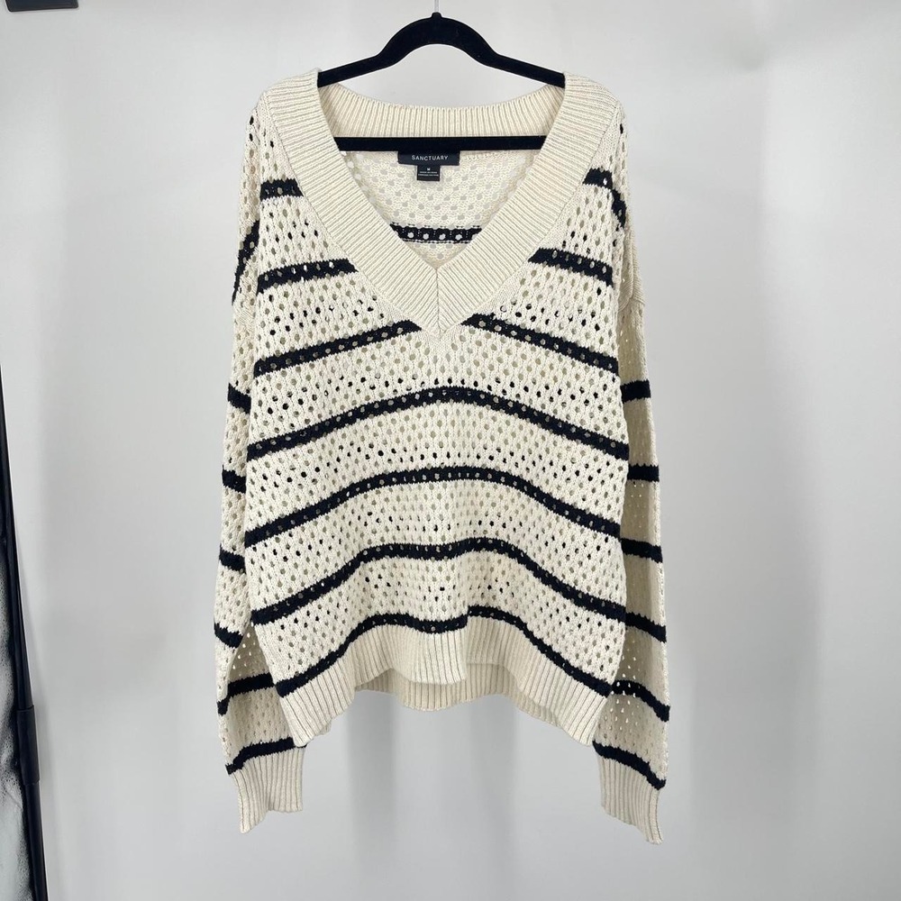 Sanctuary Women's Striped V Neck Open Knit Sweater M Minimalist Chic Capsule